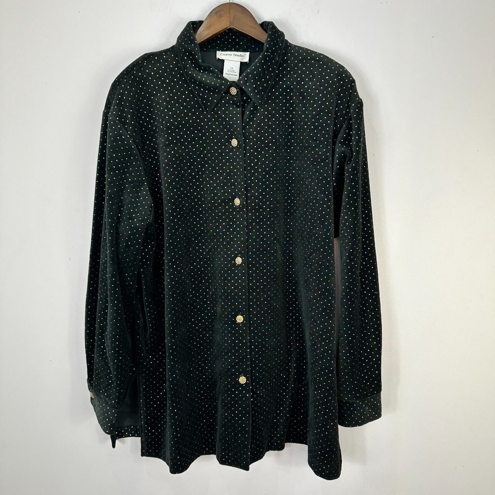 Susan Graver‎ Black Velvet Button Up Shirt Womens 1X Gold Polka Dot Retro Glam